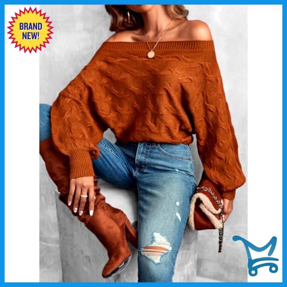 Off Shoulder Knit Sweater Long Sleeve Pullover Y2K Chic Vintage Brunch Outfit - Picture 2 of 6